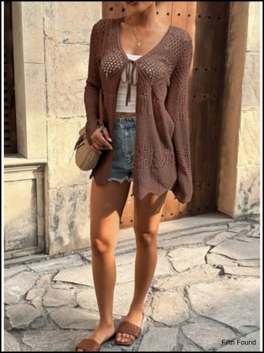 Crochet Cardigan Long Sleeve Tie Front Hollow Out Knit Summer Beach Coverup - Picture 2 of 6